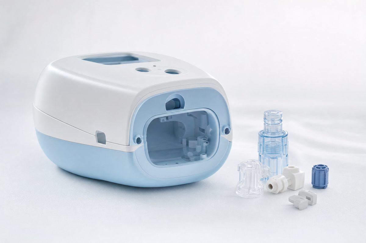 Plastic injection moulded medical device housing and components
